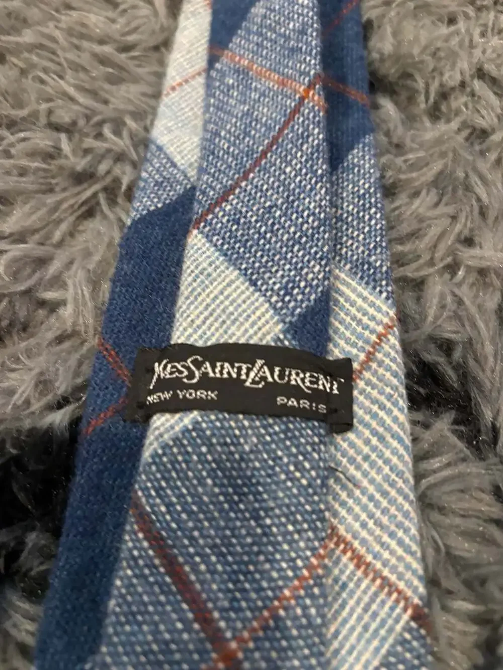 Vintage Yves Saint Laurent Blue Plaid Heather Mist Wool Necktie